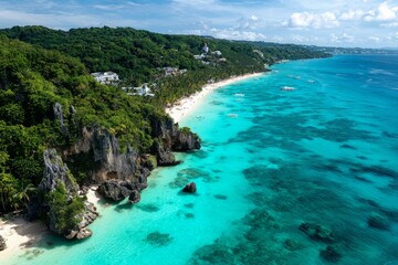 Fototapeta premium aerial view of the beach. a beach with a sandy shore and a small island. a beach filled with lots of blue ocean waves