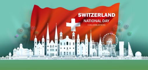 Anniversary celebration independence Switzerland day and travel landmarks zurich city with Switzerland flag background, Tour europe landmark with panorama view popular capital in origami paper.