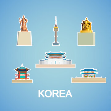  Sticker set landmarks south Korea Gyeongbok palace, Gyeongbokgung palace, Seoul tower, King Taejong and yi Sun-sin. Tour landmarks south Korea with sticker symbol and icon.