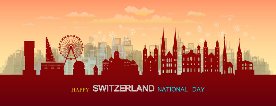 Travel landmarks Switzerland with silhouette architecture background, Switzerland Day anniversary celebration and tour Swiss landmark to Zurich with panorama view popular capital.