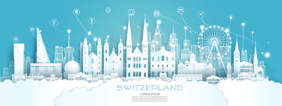 Technology wireless network communication smart city with icon in Switzerland at europe downtown skyscraper on blue background, Vector illustration futuristic green city and Switzerland view.