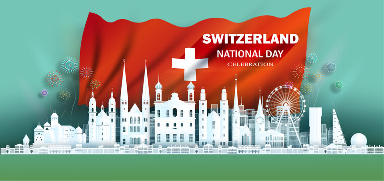 Anniversary celebration independence Switzerland day and travel landmarks zurich city with Switzerland flag background, Tour europe landmark with panorama view popular capital in origami paper.