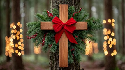 Wooden cross decorated with christmas wreath and red bow in a forest
