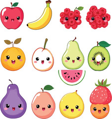 Cartoon Fruit Characters Set – Vector Illustration of Twelve Cute Fruits with Smiling Faces and Unique Expressions
