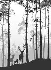 vector landscape with silhouette of pine forest and deer family	