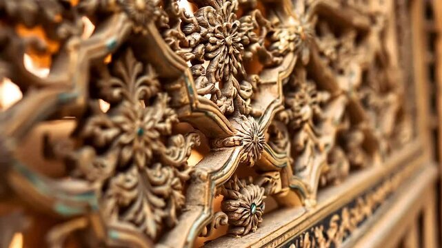 Macro detail of intricate jali screens, faded Mughal floral patterns, and carved inlays with ambient desert wind sounds
