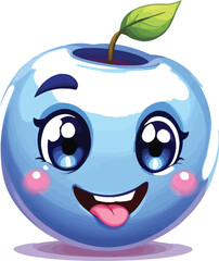 Happy Blueberry Character – Vector Illustration of Smiling Cartoon Blueberry with Big Eyes, Tongue Out, and Green Leaf