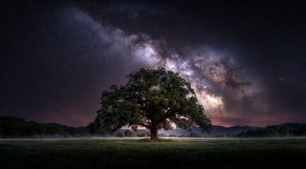 a large oak tree in the middle of a field. a tree in a field with a night sky. a tree in the middle of a field with a sky background