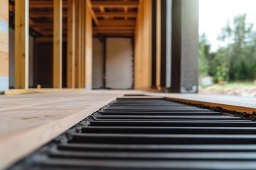 Obraz premium Close-up of underfloor heating installation in wooden framed house construction.
