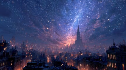 Fototapeta premium Majestic night sky over a fantasy city digital art cosmic view