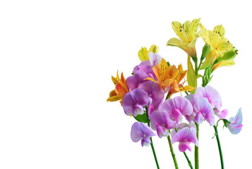 Colorful bouquet with yellow alstroemeria and pink sweet pea flowers isolated on white background. Fresh and vibrant floral arrangement. Copy space