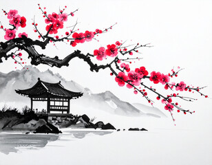 Traditional Asian Ink Landscape Painting