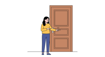 Young woman reaching for a tall wooden door handle opening it wide