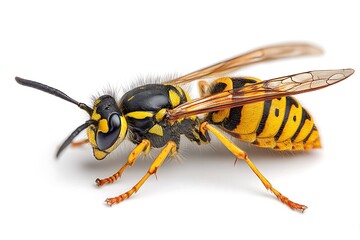 Detailed Macro of a Striking Yellowjacket Wasp on a Clean White Background Showing Intricate Wing Veins and Sharp Stinger in Sharp Focus