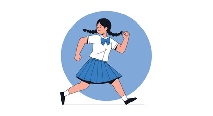 Fototapeta premium Energetic young girl with pigtails running forward with determination on a blue background