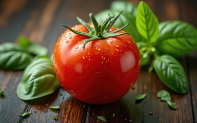 On the wooden surface there is a red tomato, next to the leaves of basil