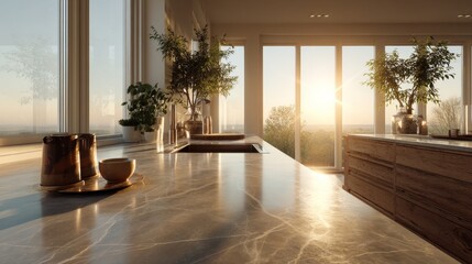 Fototapeta premium Warm golden sunlight gently hits a clean quartz kitchen counter in a minimalist modern home, highlighting smooth textures and elegant simplicity. 