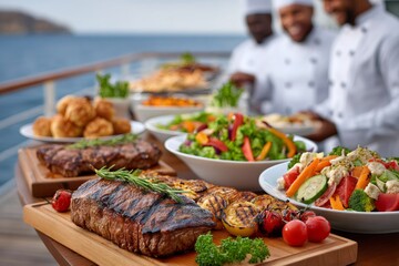 Chefs preparing delicious barbecue food for cruise ship passengers