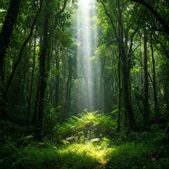 Obraz premium Sunbeams Illuminate Lush Green Forest Path