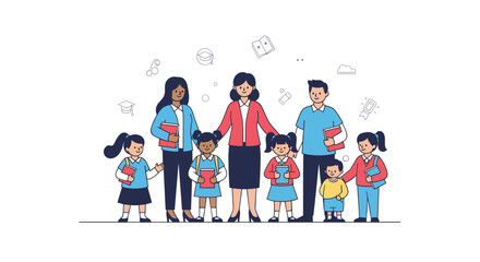 Diverse teachers and students gathering together with books for education and learning