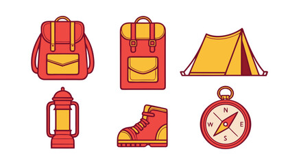 Red and Yellow Camping Gear Icons Backpacks Tent Lantern Boots Compass