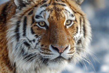 Naklejka premium Closeup of a tigers face covered in snow showing orange fur black stripes light eyes and a pink nose
