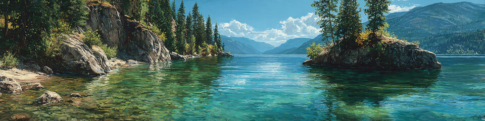 Panoramic view of a serene lake surrounded by rocky shores and lush evergreen forests under a bright sky