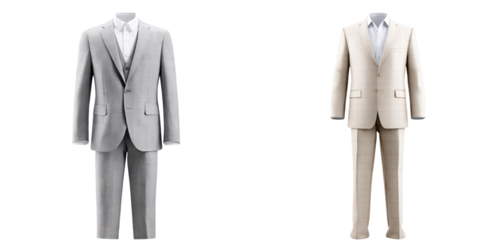 Modern two piece suit with faint gridline pattern in light gray and beige colors, elegant and stylish formal wear for men