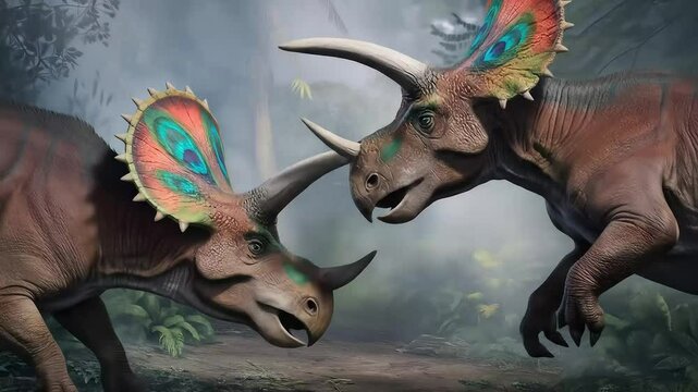 Two horned dinosaurs with vibrant, peacock-like frills face off in a misty jungle, their large horns nearly locked