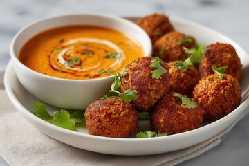Crispy falafel balls served with a vibrant, spicy dipping sauce. Perfect for a flavorful appetizer or snack.