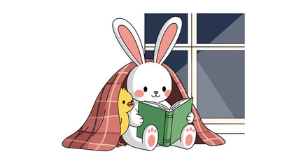 Cute bunny rabbit and chick reading a book under a blanket by the window