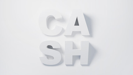 White letters spelling CASH emerge against a simple white backdrop, with gentle shadows adding dimension. Represents financial ideas and visualizing cash movement.
