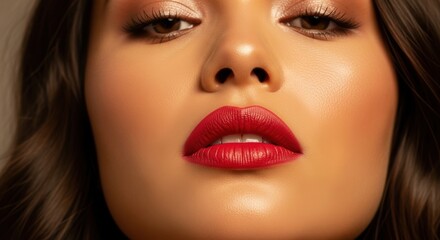 Naklejka premium Close-up of young hispanic female with bold red lips and smooth skin