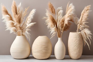 Naklejka premium Textured Neutral Ceramic Vases with Dried Pampas Grass on Minimalist Background – AI Generated