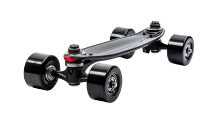 Sleek skateboard with black wheels displayed isolated on transparent background