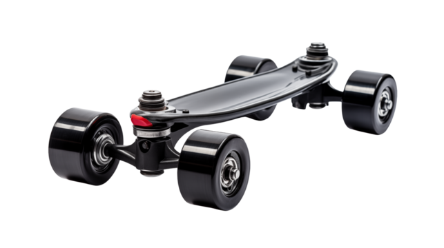 Sleek skateboard with black wheels displayed isolated on transparent background - Powered by Adobe