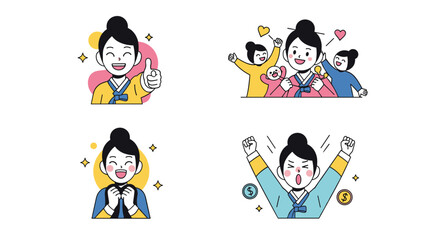 Joyful expressions of korean cultural celebration and merriment in vibrant illustrations