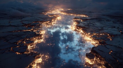 Fototapeta premium Erupting lava river volcanic landscape digital art fantasy world aerial view