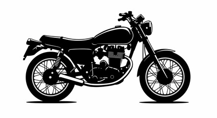 Classic Black and White Motorcycle Silhouette: Detailed illustration of a vintage-style motorcycle, depicted in a sharp black silhouette against a white backgro