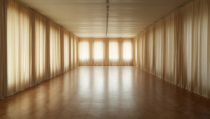 Empty Hall with Sheer Curtains and Wooden Floor