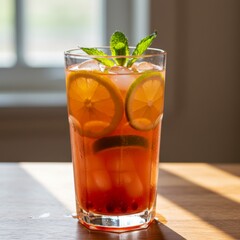 Refreshing Citrus and Mint Iced Cocktail in Tall Glass