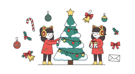 Naklejka premium Two little girls decorate a snow covered christmas tree with ornaments and lights during winter holidays