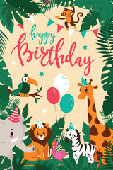 Naklejka premium Kids birthday card,African animals,safari theme.A fun card with lettering and balloons.Cartoon vector illustration in a flat style