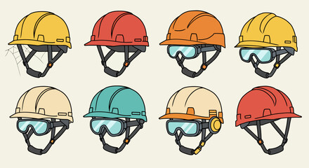 Colorful Vector Illustrations of Construction Hard Hats with Goggles