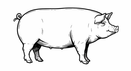 Detailed Black and White Illustration of a Standing Pig