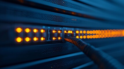 Server Rack with Blinking Orange Lights and Cable