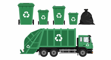 Green Recycling Truck and Bins with White Recycle Symbols