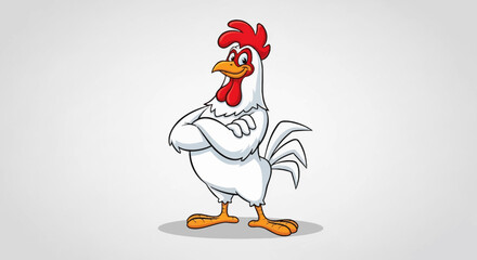 Cartoon Rooster with Crossed Arms, Smiling, White Feathers