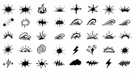 Hand-drawn collection of various graphic elements, including stars, suns, waves, clouds, and lightning.