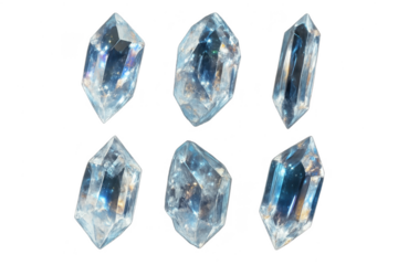 Set of six light blue crystals isolated on transparent background, gem stones
